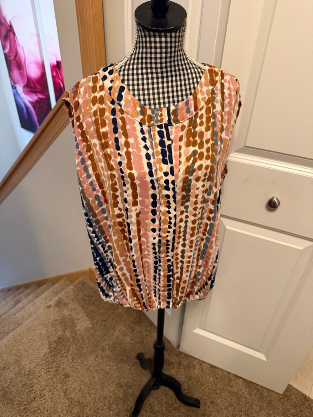 Veronica M Multicolor Dot Stripe Sleeveless Blouse - Pink, Navy, Brown